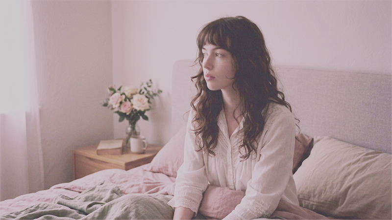 brunette girl waking up in her room